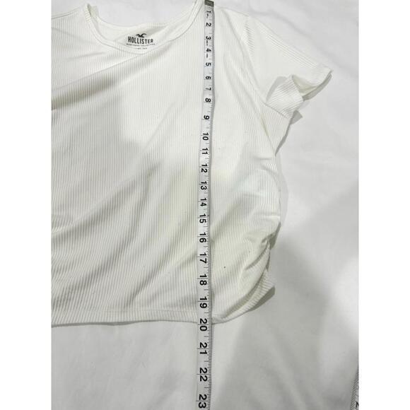 Hollister White Ribbed Ruched Sides Crewneck Cropped Baby Tee- Size Large - Picture 7 of 7